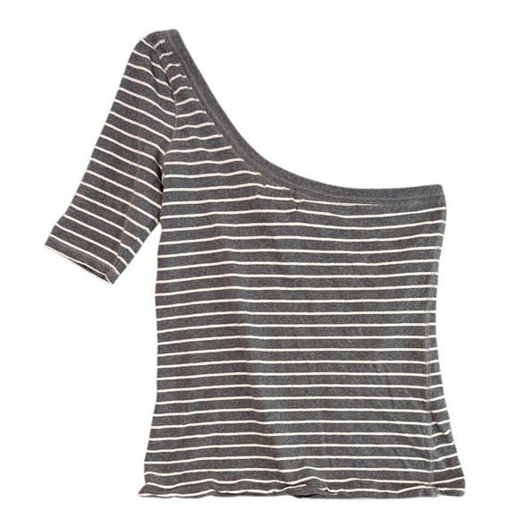 Abercrombie Fitch One Shoulder Striped Top Womens L Gray White - Picture 3 of 4